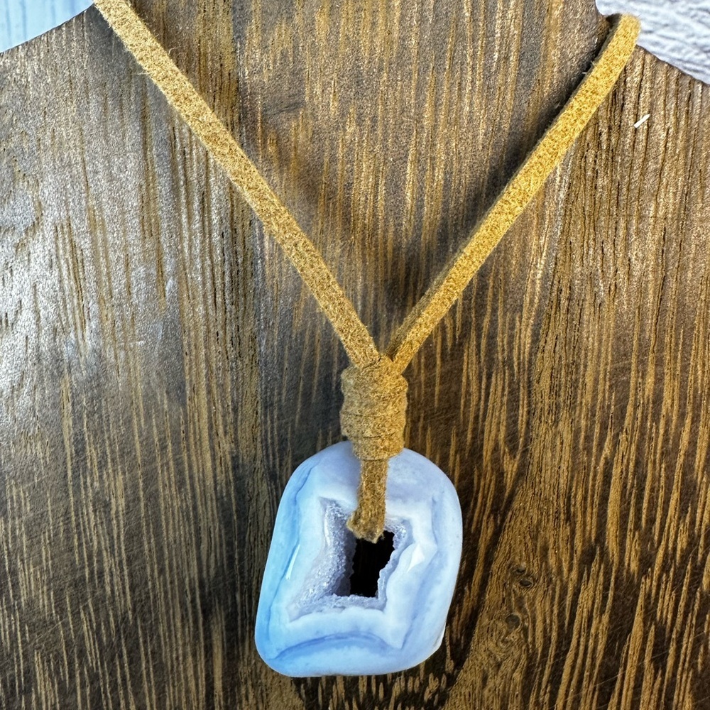 Druzy Blue Lace Agate Pendant Necklace on Brown Faux Suede